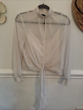 Sheer Tie-Front Long Sleeve Blouse in Ivory